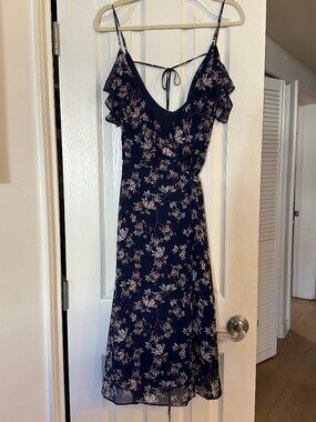 Lumiere - Navy Floral - Midi Wrap Dress with Flutter Sleeve - S